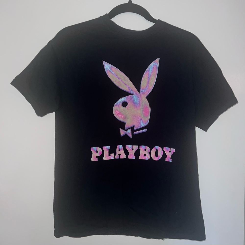 Playboy T-shirt Mens M Black Logo Print Pink Faux Holographic Streetwear